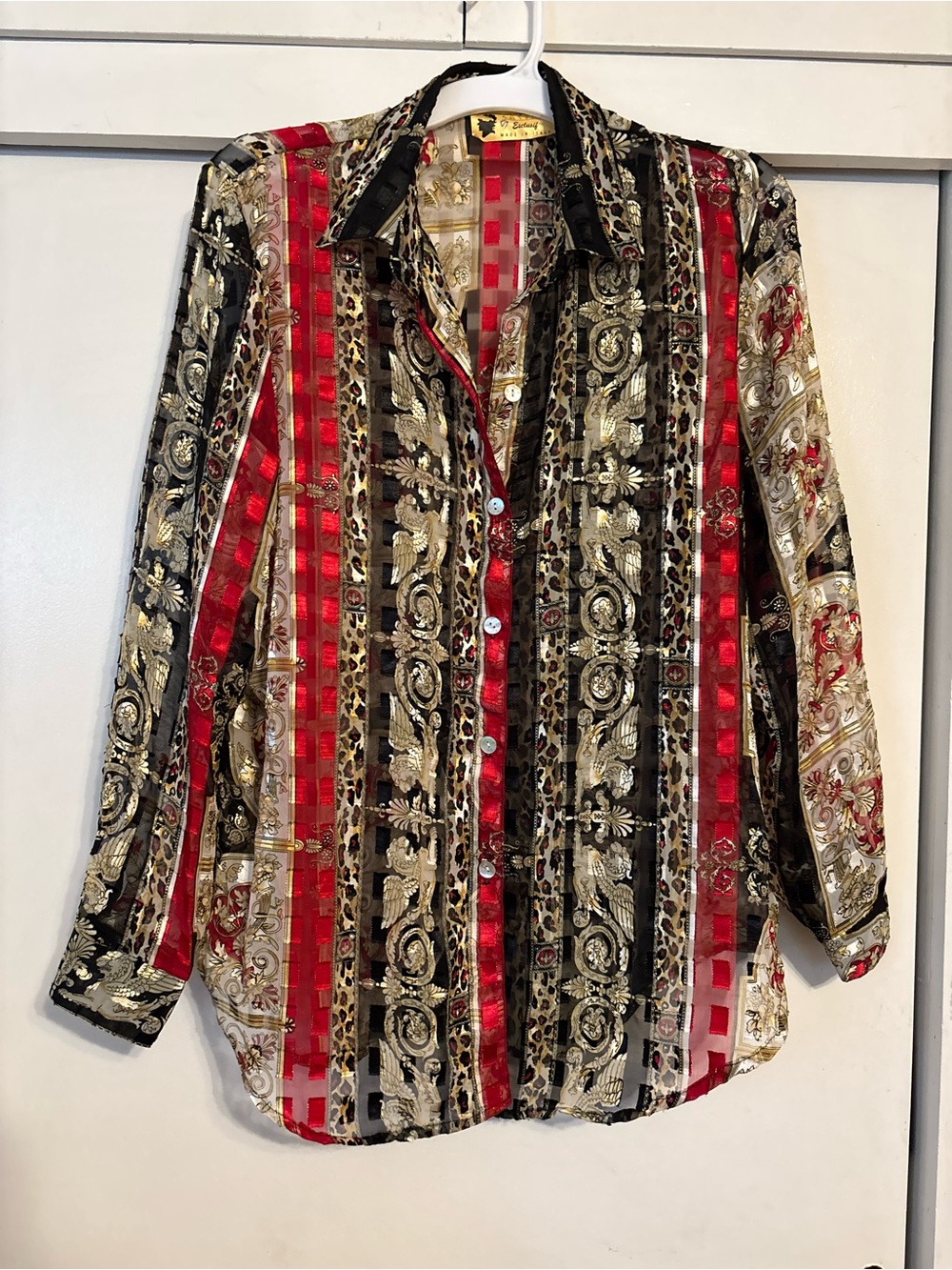 Elegant Women’s Italian Button-Down Baroque Lion Floral Gold, Black & Red Blouse